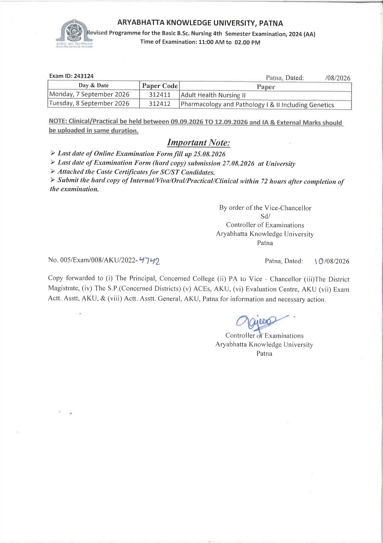 Revised Programme for the Basic B.Sc. Nursing 4th Semester Examination, 2024 (AA) Time of Examination: 11:00 AM to 02.00 PM