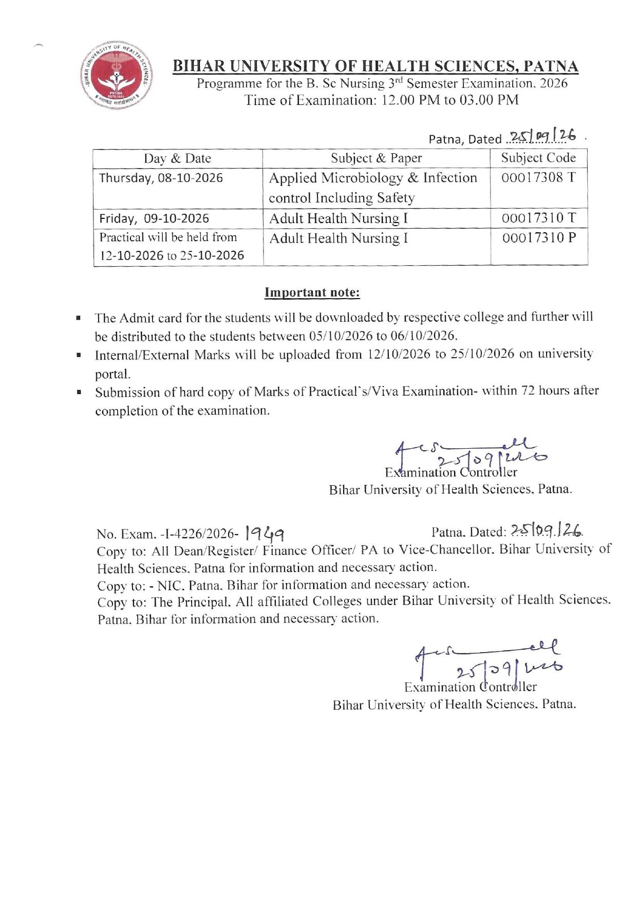 Programme for the B. Sc Nursing 3rd Semester Examination 2026.