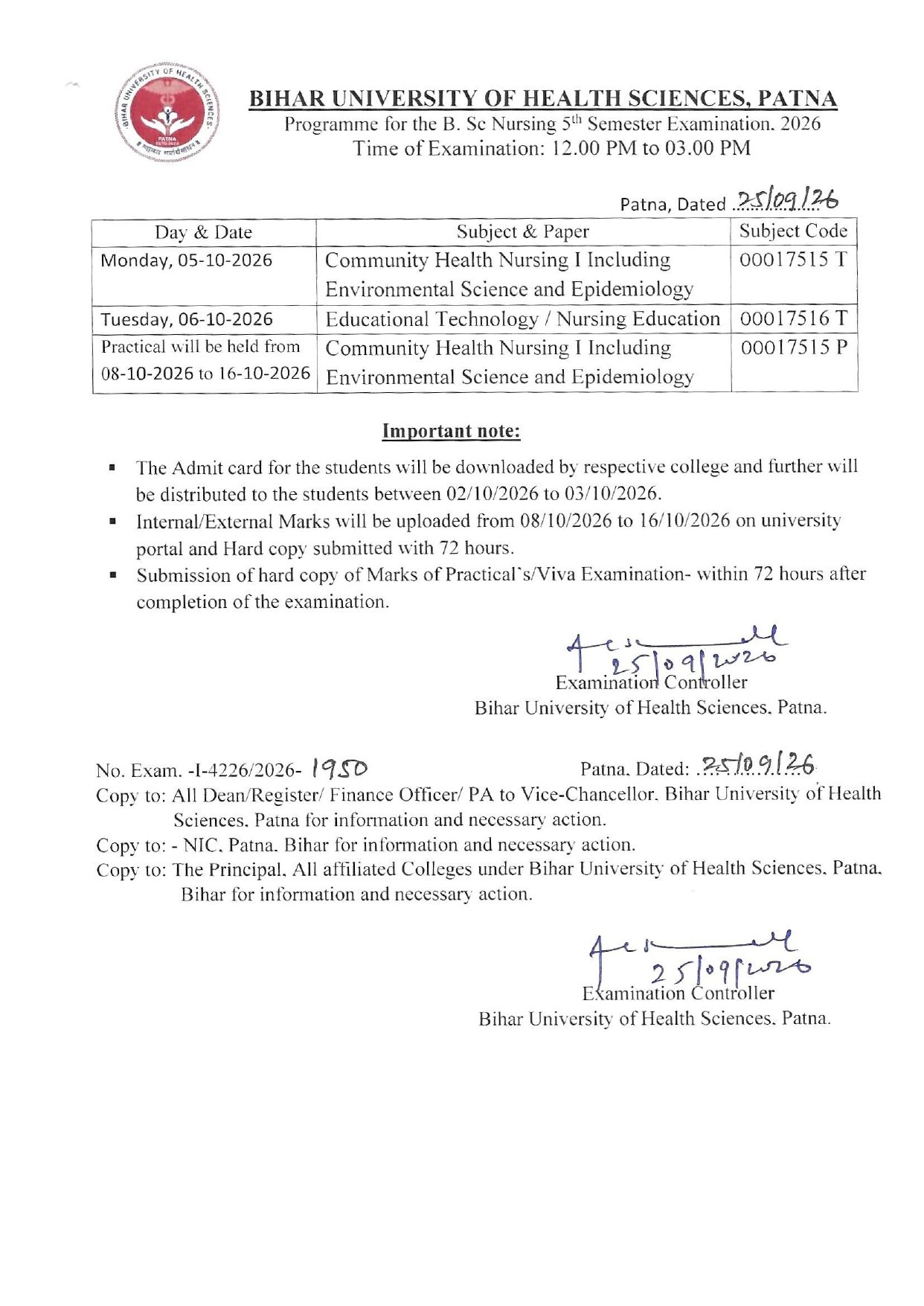 Programme for the B. Sc Nursing 5th Semester Examination. 2026